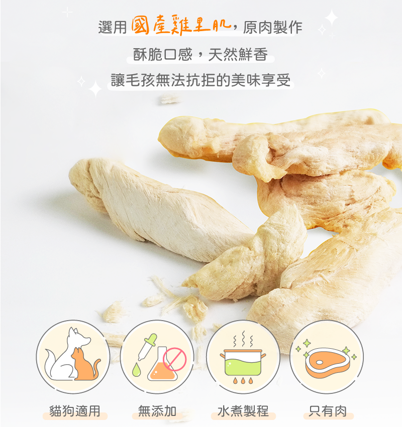 使用國產雞里肌、貓狗適用、無添加、經水煮製程、只有肉