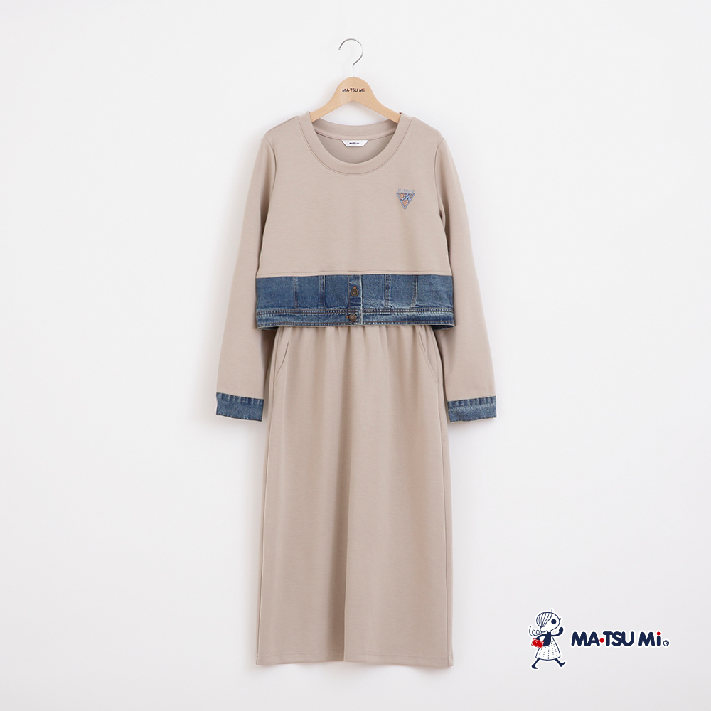 MA‧TSU Mi 異材質拼接假兩件鬆緊洋裝(草綠.卡)