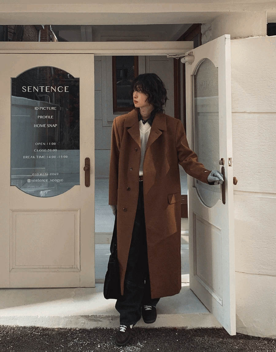 隱藏扣羊毛50%單層大衣