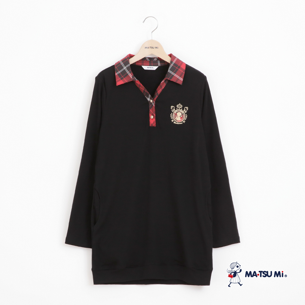 MA‧TSU Mi 格紋瑪娃LOGO設計長版棉上衣(紅.黑)