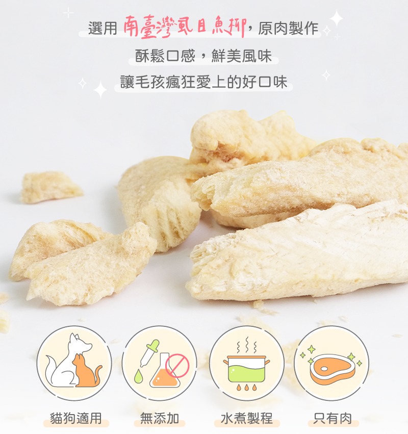 使用台灣虱目魚柳、貓狗適用、無添加、經水煮製程、只有肉