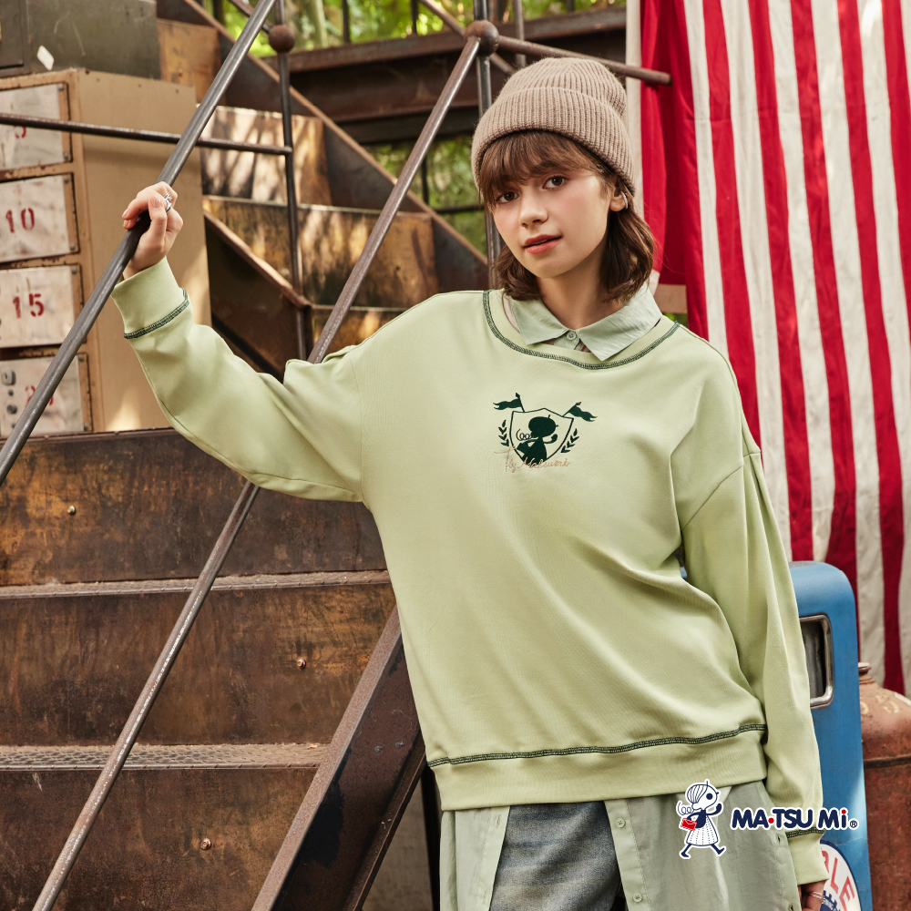 MA‧TSU Mi 內刷毛瑪娃刺繡撞色車線感棉上衣(草綠.水藍)