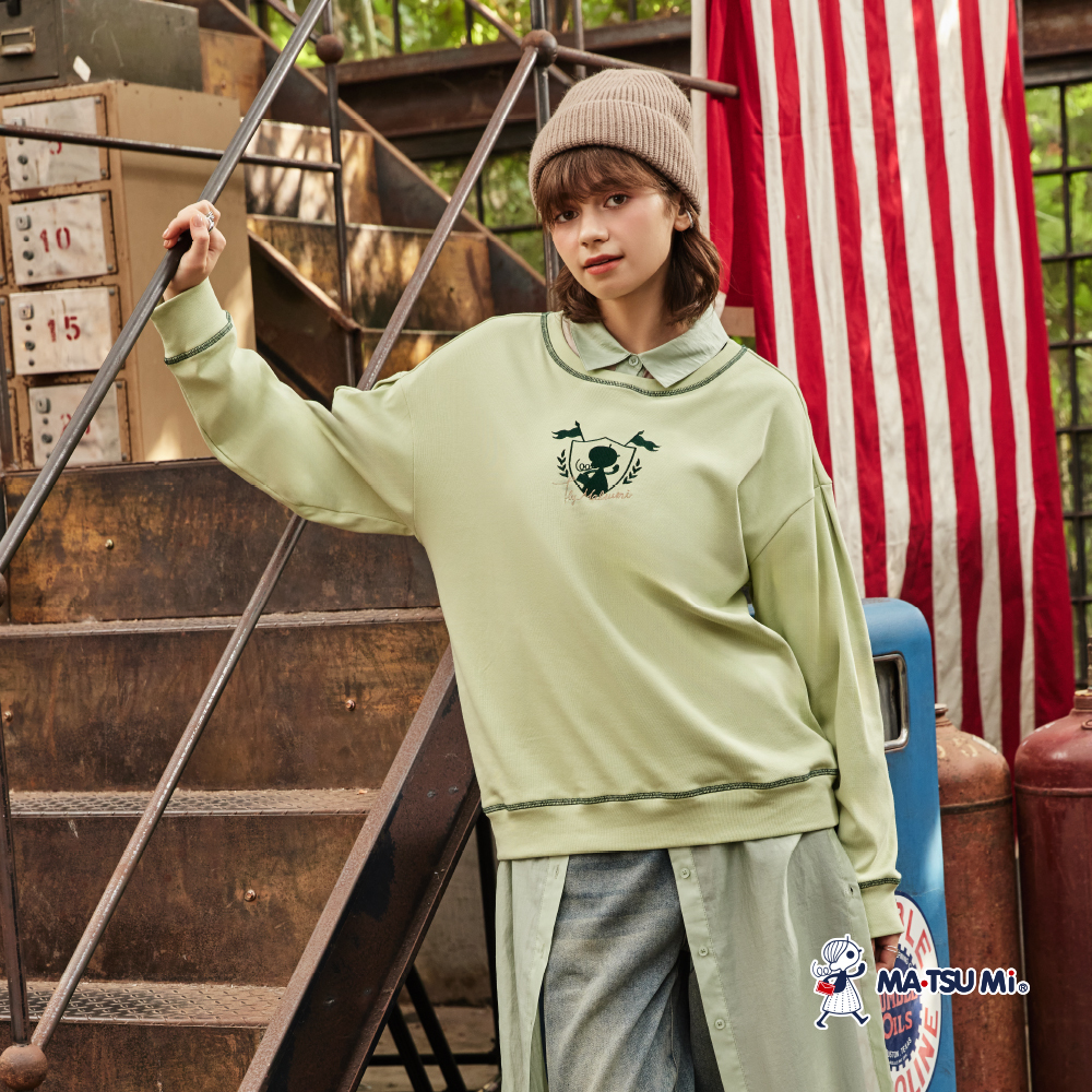 MA‧TSU Mi 內刷毛瑪娃刺繡撞色車線感棉上衣(草綠.水藍)