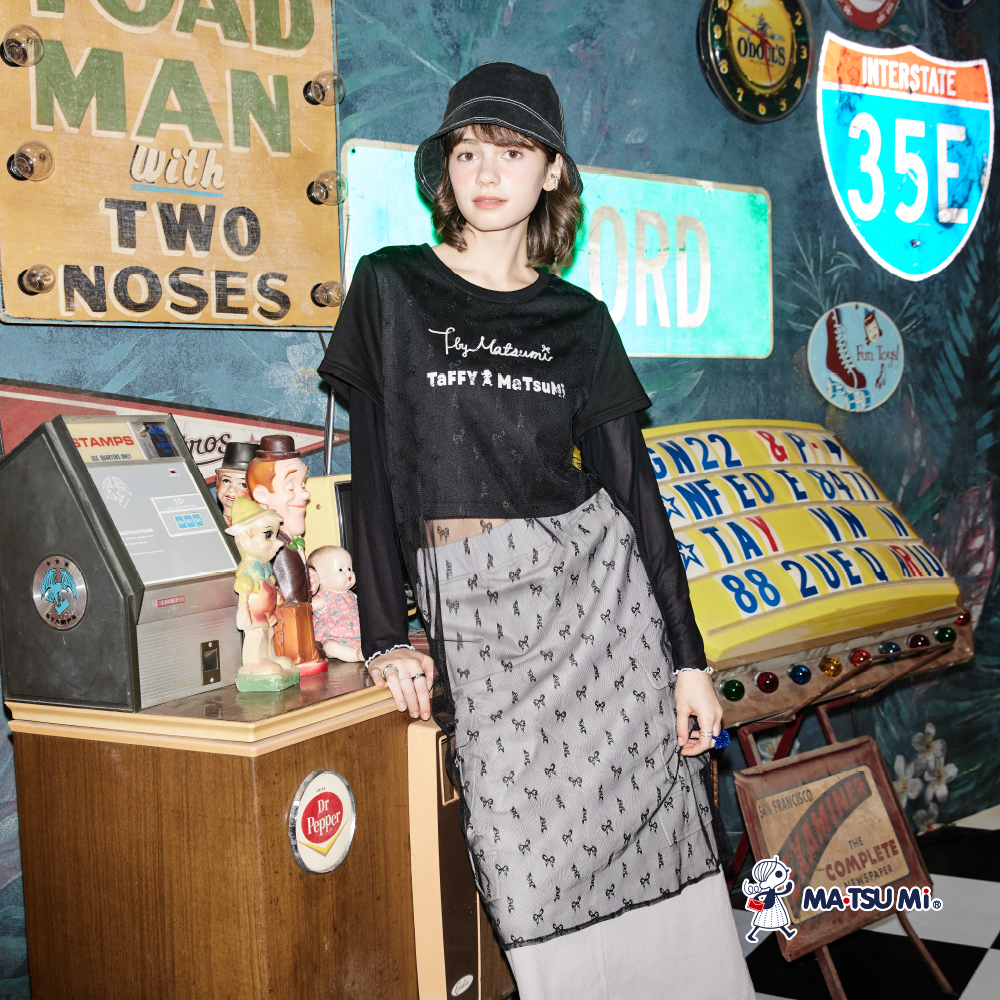 MA‧TSU Mi 假兩件拼蝴蝶結網紗外罩上衣(卡.黑)