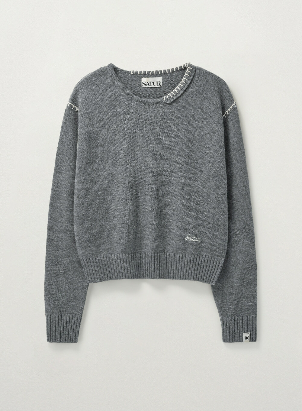 <韓國代購> SATUR CONTRAST STITCH SEMI CROP KNIT