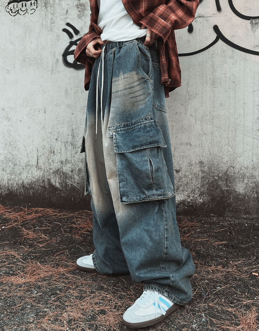 大口袋工裝寬版氣球牛仔褲