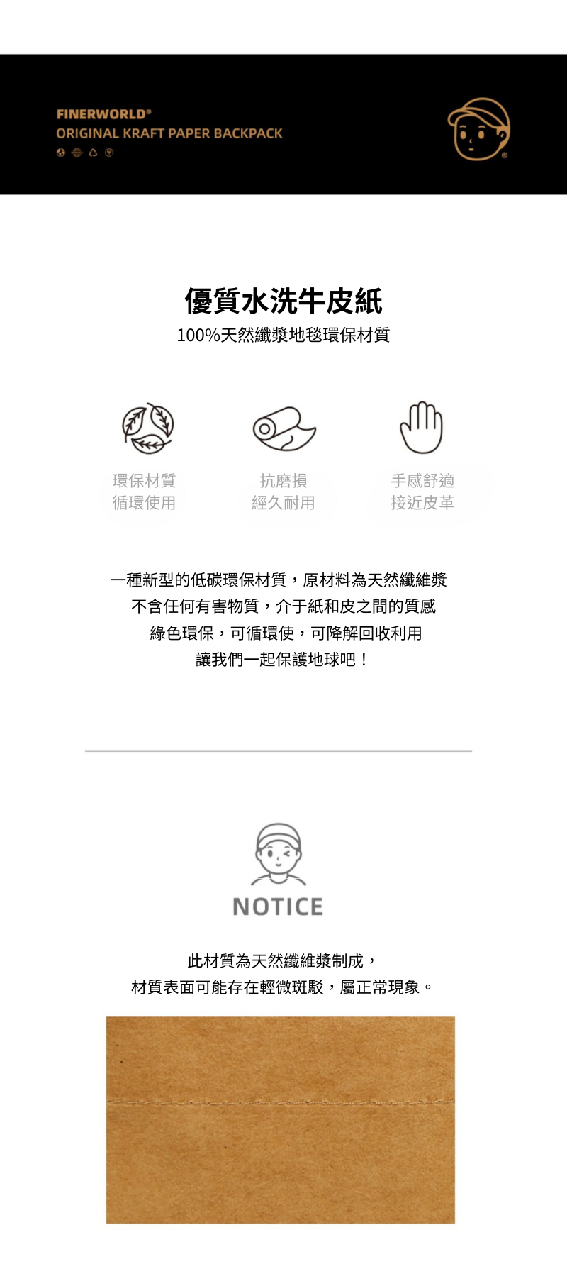 Finerworld 可水洗牛皮紙雙肩背包