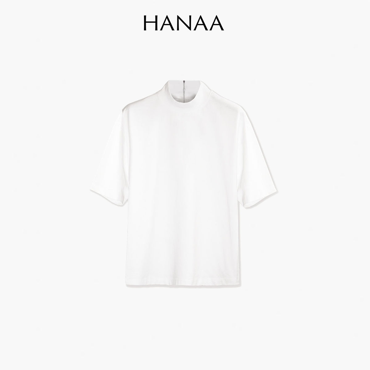 HANAA新款棉質半高領剪裁後背拉鍊設計修身白色短袖T恤