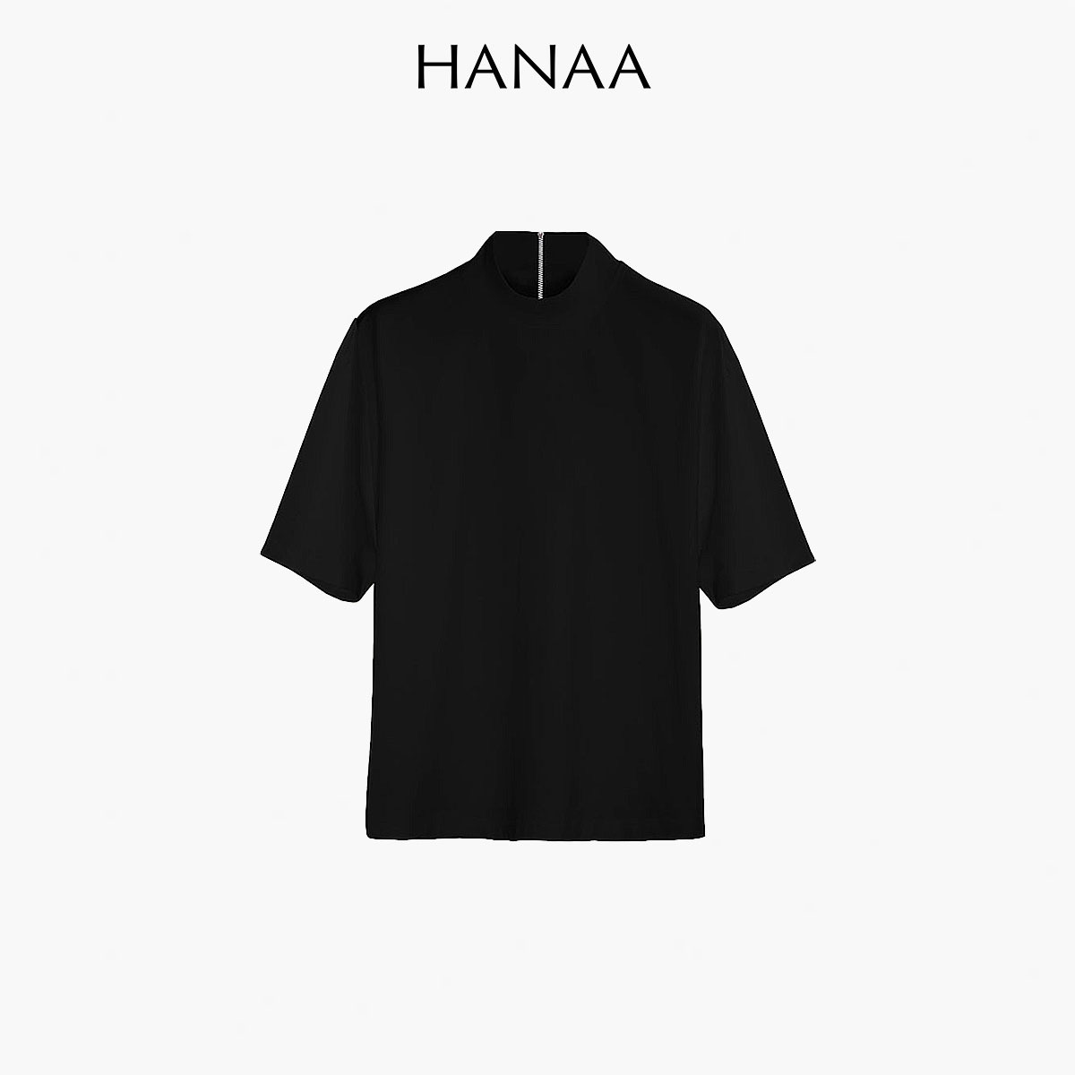 HANAA新款棉質半高領剪裁後背拉鍊設計修身白色短袖T恤