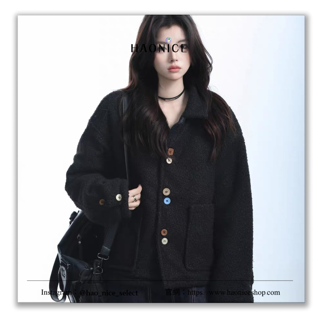 【HAO NICE】 DANKiMADE*24SS 秋季新品 小眾設計感 素色極簡風彩色扣子翻領絨毛外套 設計感🈵️