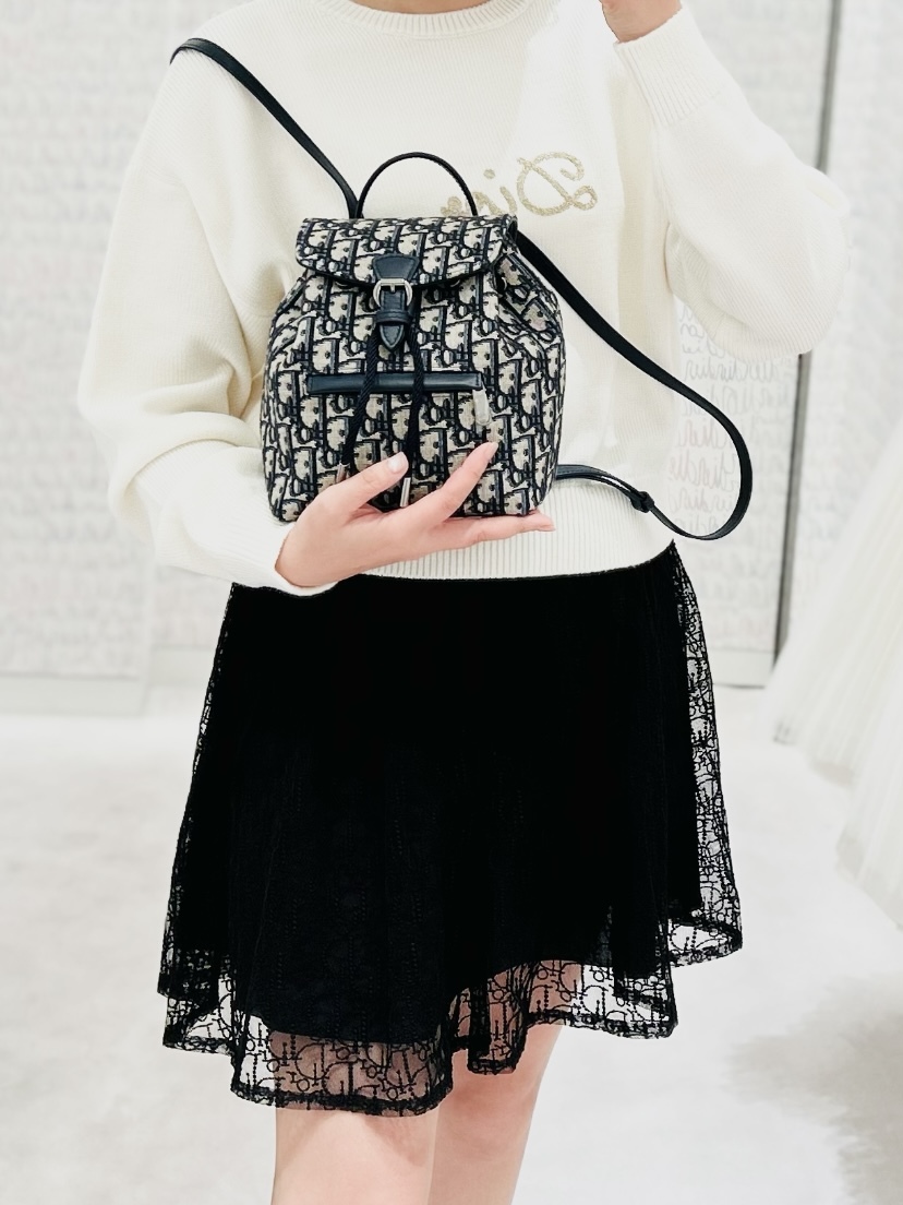 DIOR 童裝背囊米色和藍色Dior Oblique 圖案緹花