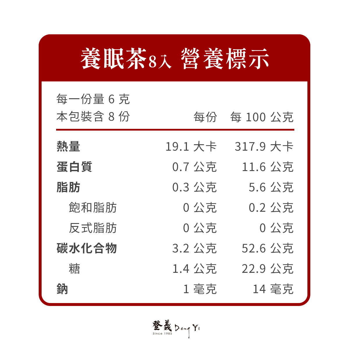 養眠茶8入盒裝營養標示