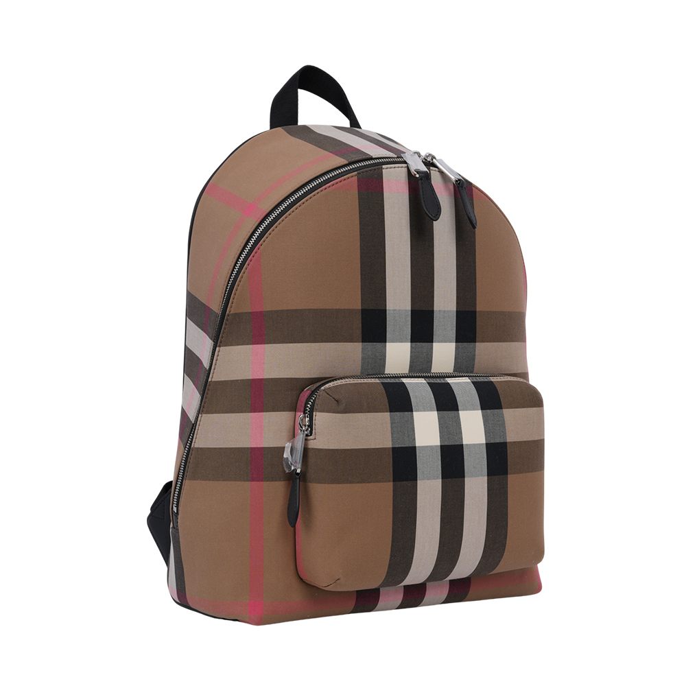 【BURBERRY】Jeff 大格紋帆布口袋拉鍊後背包(灰褐色/棕色)80845501