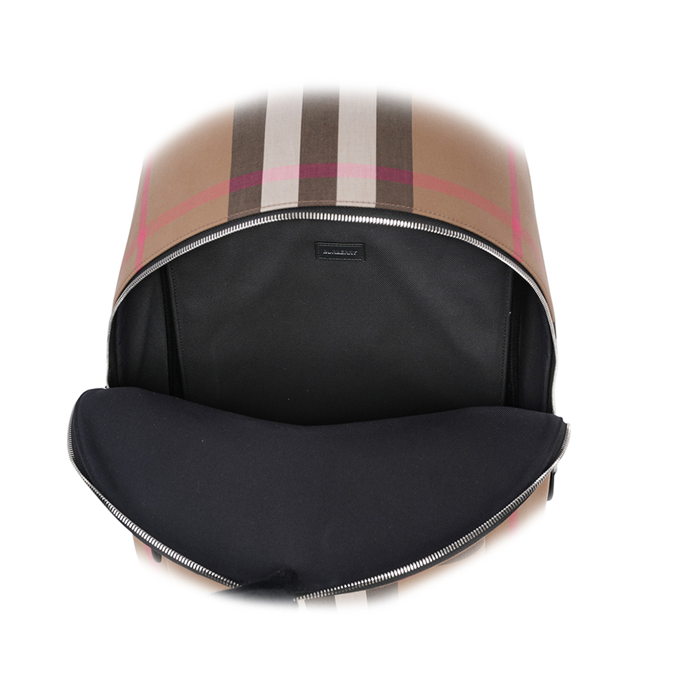 【BURBERRY】Jeff 大格紋帆布口袋拉鍊後背包(灰褐色/棕色)80845501