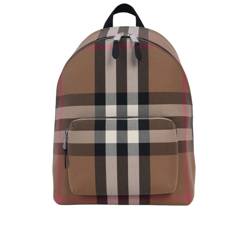 【BURBERRY】Jeff 大格紋帆布口袋拉鍊後背包(灰褐色/棕色)80845501