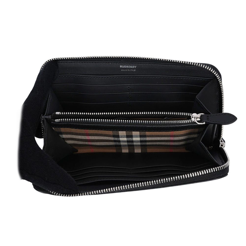 【BURBERRY】銀字粒紋牛皮內拼格紋拉鍊長夾(黑色) 80840711