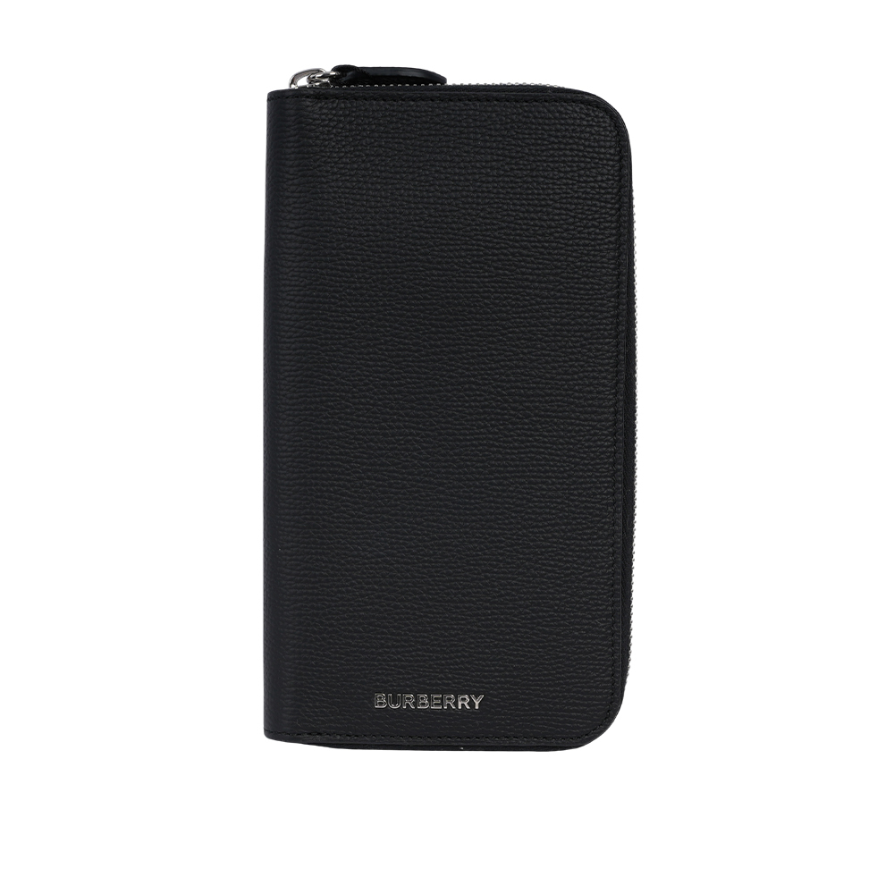 【BURBERRY】銀字粒紋牛皮內拼格紋拉鍊長夾(黑色) 80840711