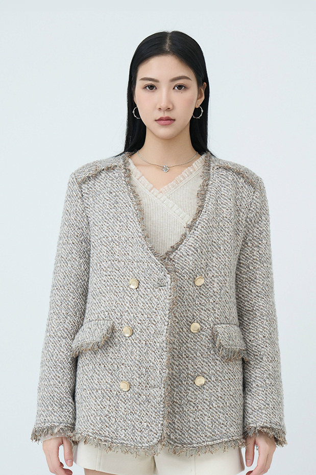 蘇蘇邊大V領孖襟tweed外套 (現貨款式）