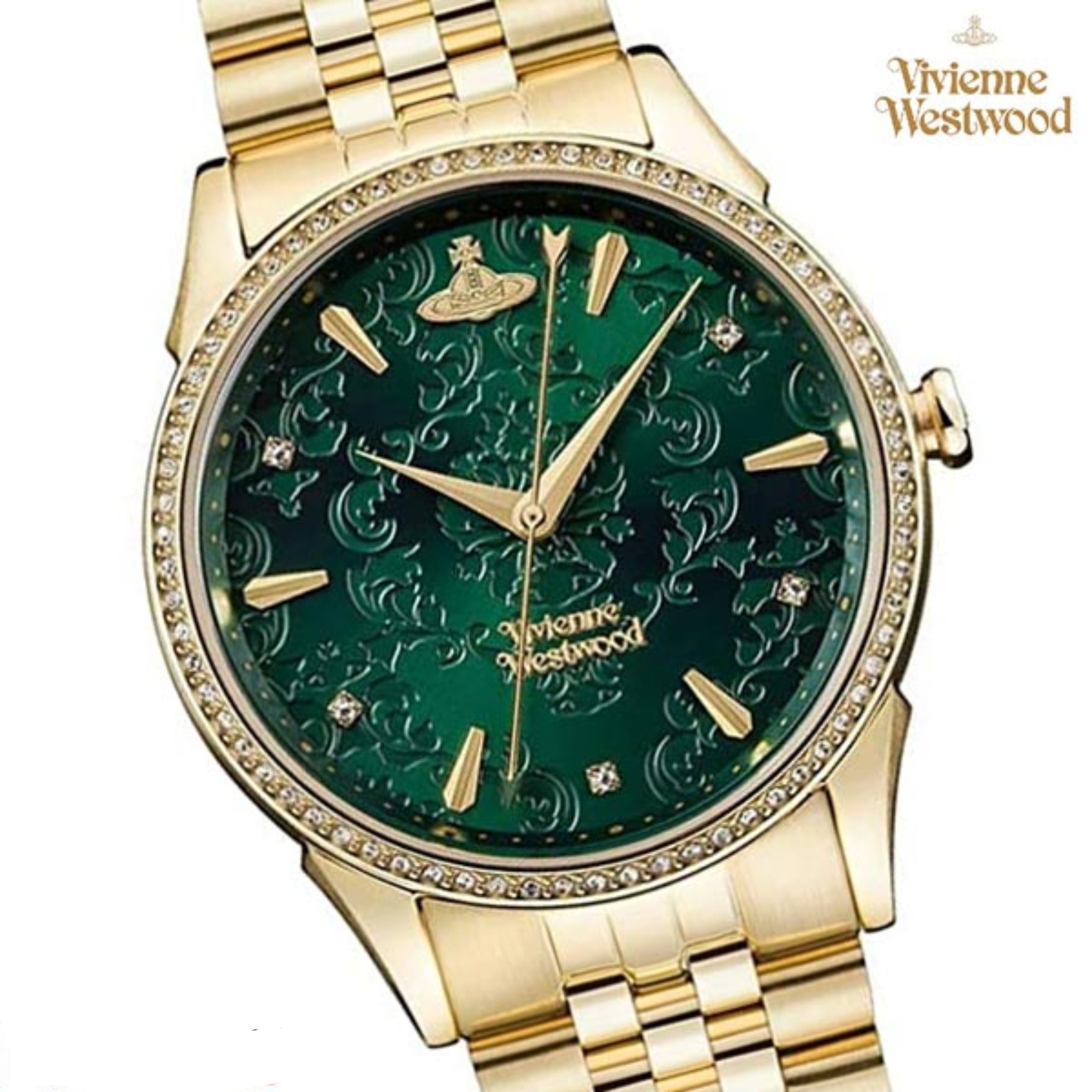 VV208GDGD 西太后 Vivienne Westwood 37mm 綠色壓花紋 金色不鏽鋼 錶帶 女裝 手錶 (香港行貨)