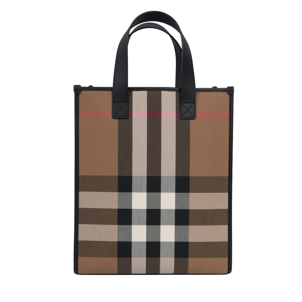 【BURBERRY】大格紋帆布直式手提/斜背二用包(灰褐色/棕色)80845521