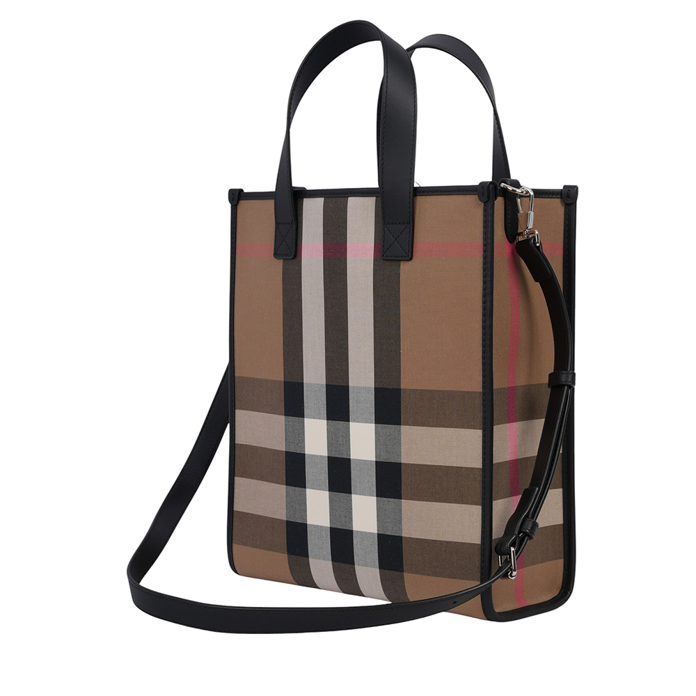 【BURBERRY】大格紋帆布直式手提/斜背二用包(灰褐色/棕色)80845521