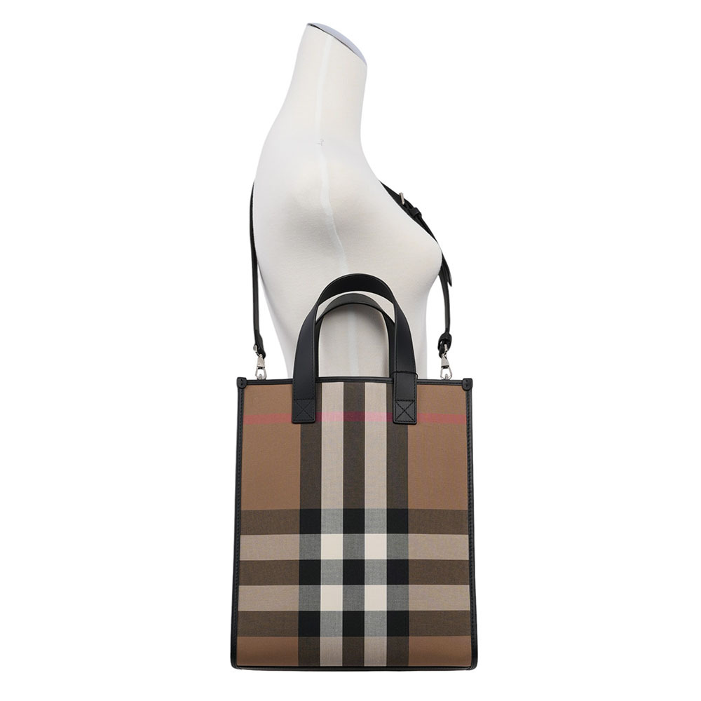 【BURBERRY】大格紋帆布直式手提/斜背二用包(灰褐色/棕色)80845521