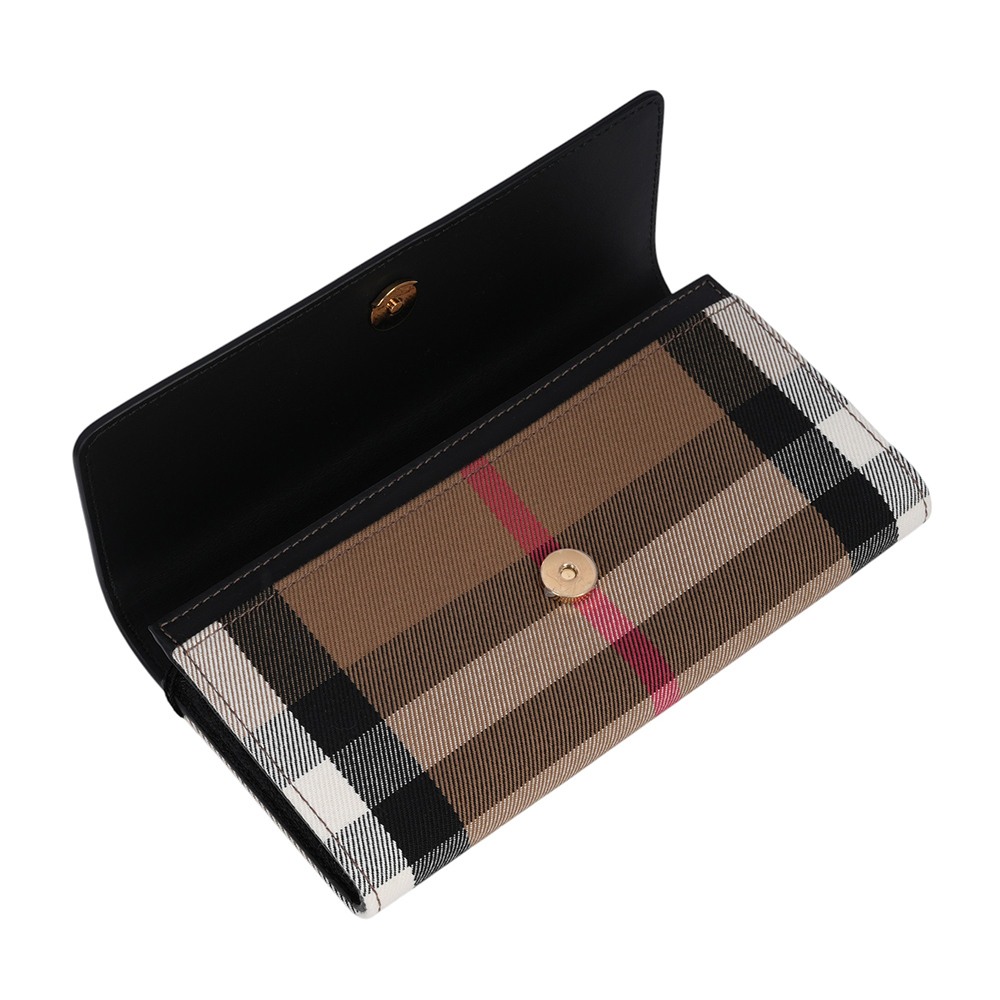 【BURBERRY】Halton 大格紋帆布及牛皮翻蓋二折長夾(黑色) 80840311