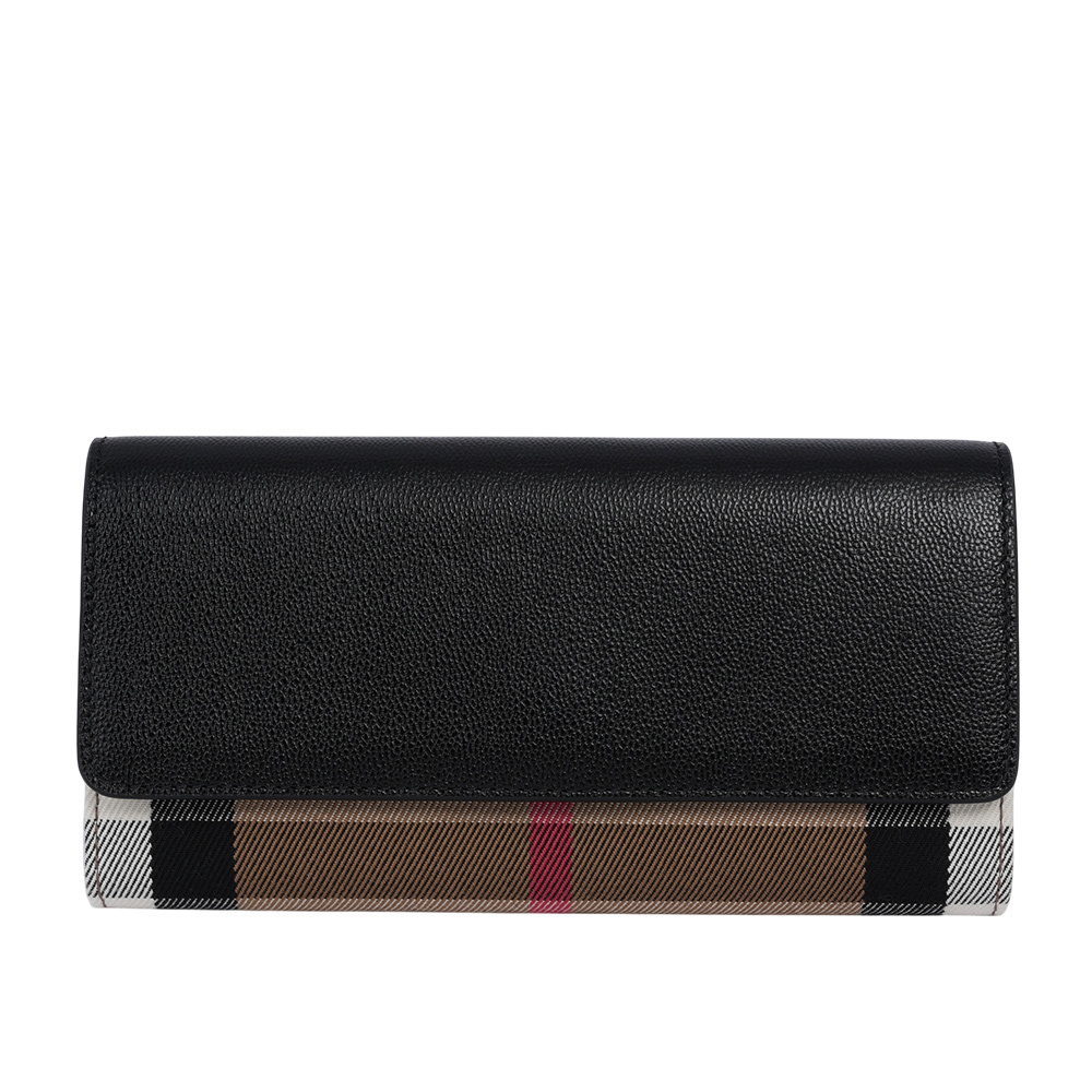 【BURBERRY】Halton 大格紋帆布及牛皮翻蓋二折長夾(黑色) 80840311