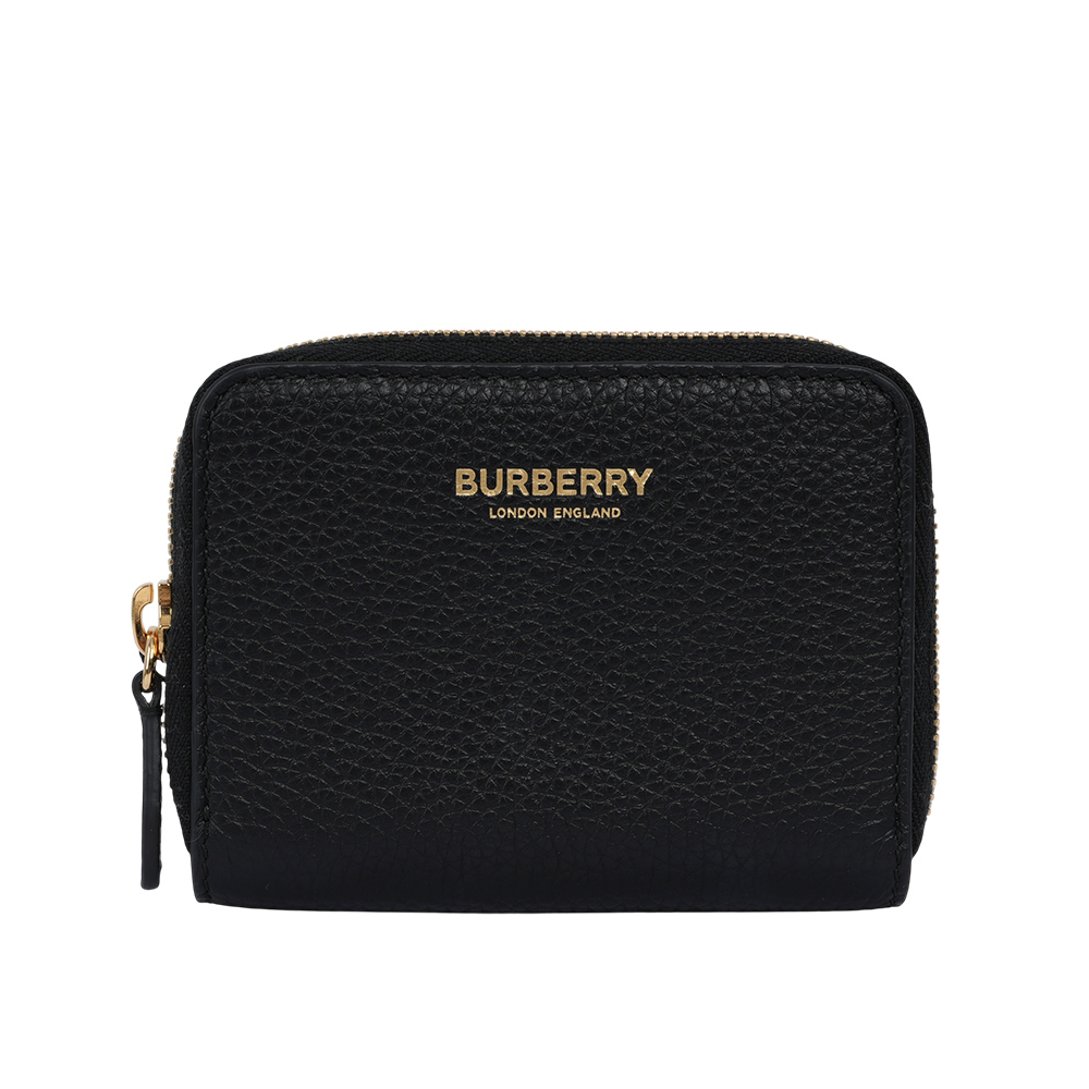 【BURBERRY】金字Logo 粒紋牛皮ㄇ形拉鍊零錢包/卡夾包(黑色) 80840421