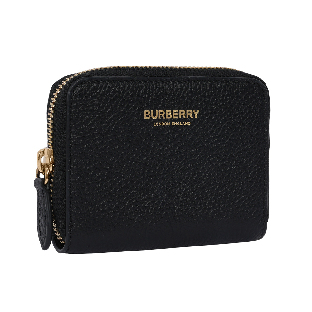 【BURBERRY】金字Logo 粒紋牛皮ㄇ形拉鍊零錢包/卡夾包(黑色) 80840421