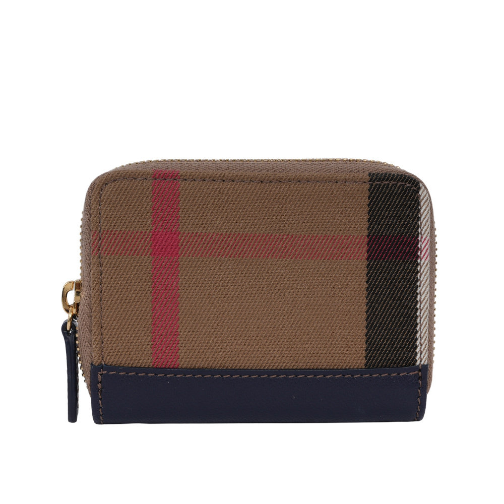 【BURBERRY】大格紋帆布及牛皮ㄇ形拉鍊零錢包/卡夾包(海軍藍) 80845251