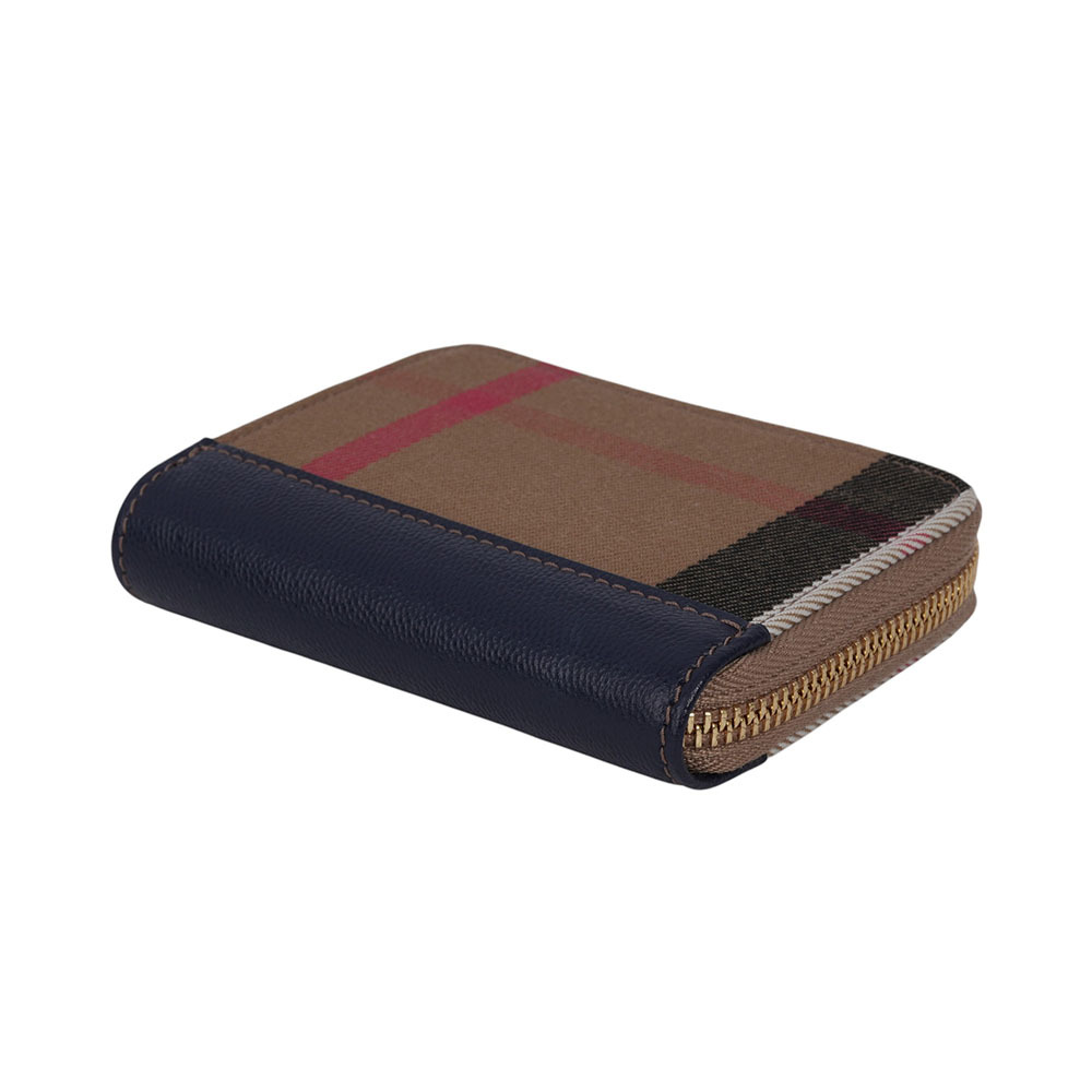 【BURBERRY】大格紋帆布及牛皮ㄇ形拉鍊零錢包/卡夾包(海軍藍) 80845251