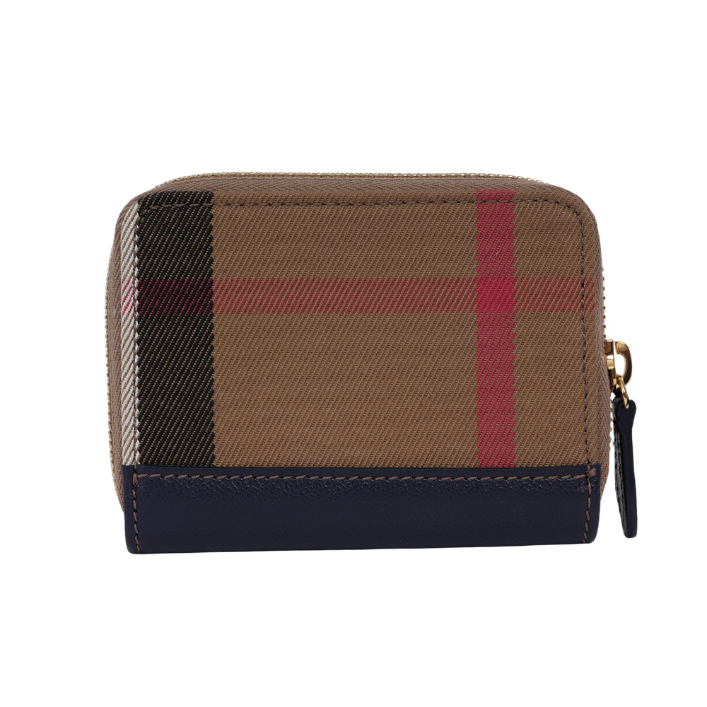 【BURBERRY】大格紋帆布及牛皮ㄇ形拉鍊零錢包/卡夾包(海軍藍) 80845251