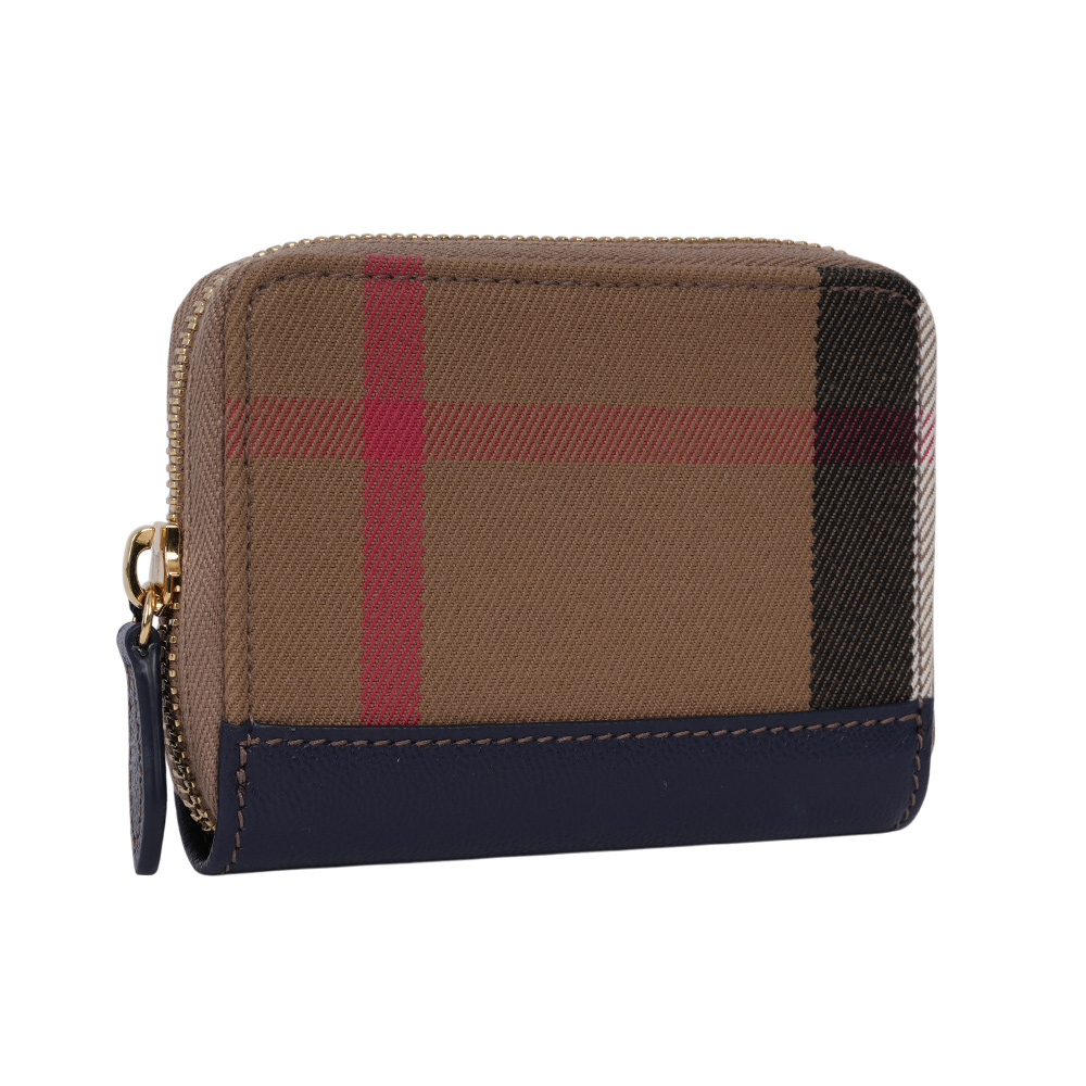 【BURBERRY】大格紋帆布及牛皮ㄇ形拉鍊零錢包/卡夾包(海軍藍) 80845251