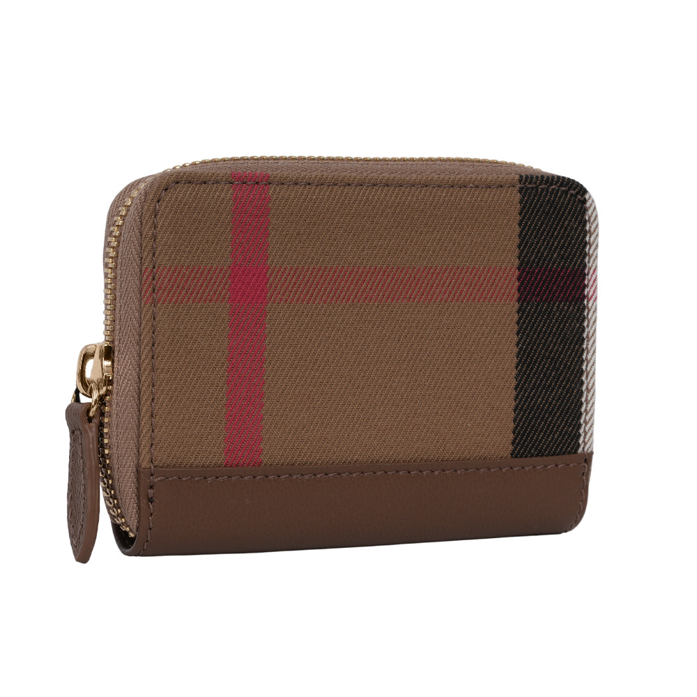【BURBERRY】大格紋帆布及牛皮ㄇ形拉鍊零錢包/卡夾包