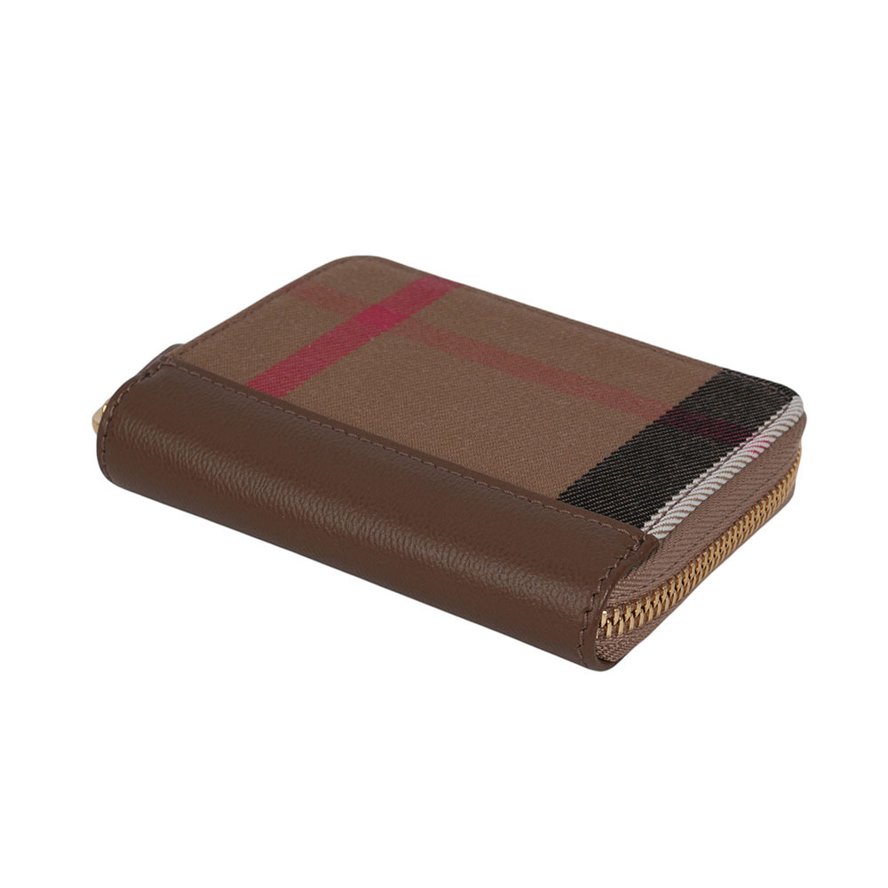 【BURBERRY】大格紋帆布及牛皮ㄇ形拉鍊零錢包/卡夾包(土棕色) 80845241