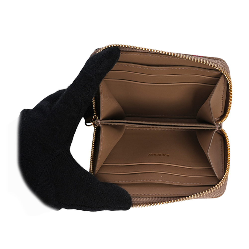 【BURBERRY】大格紋帆布及牛皮ㄇ形拉鍊零錢包/卡夾包(土棕色) 80845241