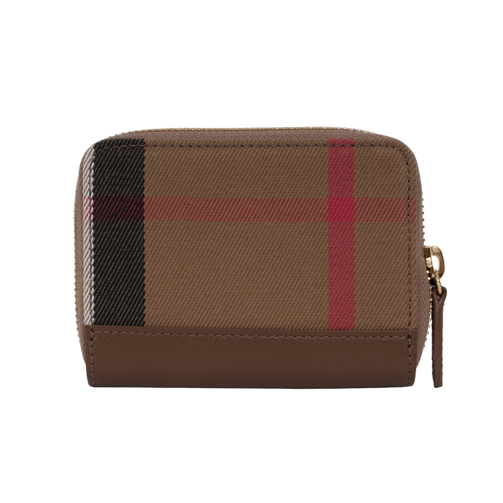 【BURBERRY】大格紋帆布及牛皮ㄇ形拉鍊零錢包/卡夾包(土棕色) 80845241