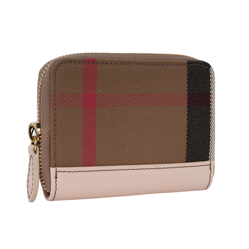 【BURBERRY】大格紋帆布及牛皮ㄇ形拉鍊零錢包/卡夾包
