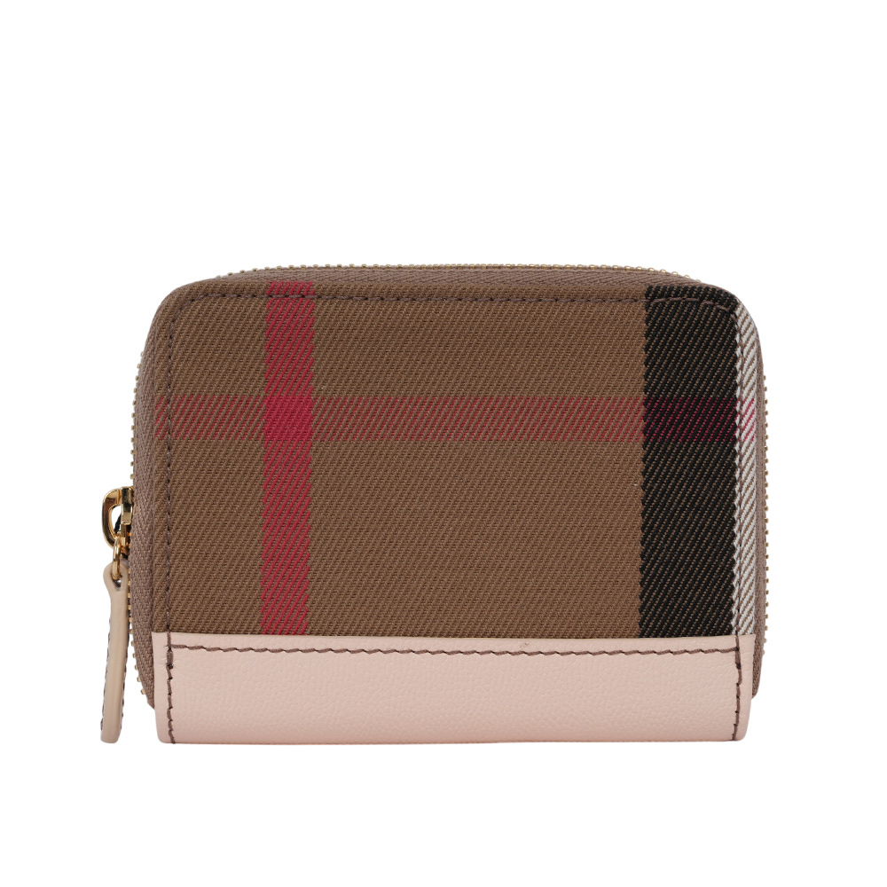 【BURBERRY】大格紋帆布及牛皮ㄇ形拉鍊零錢包/卡夾包