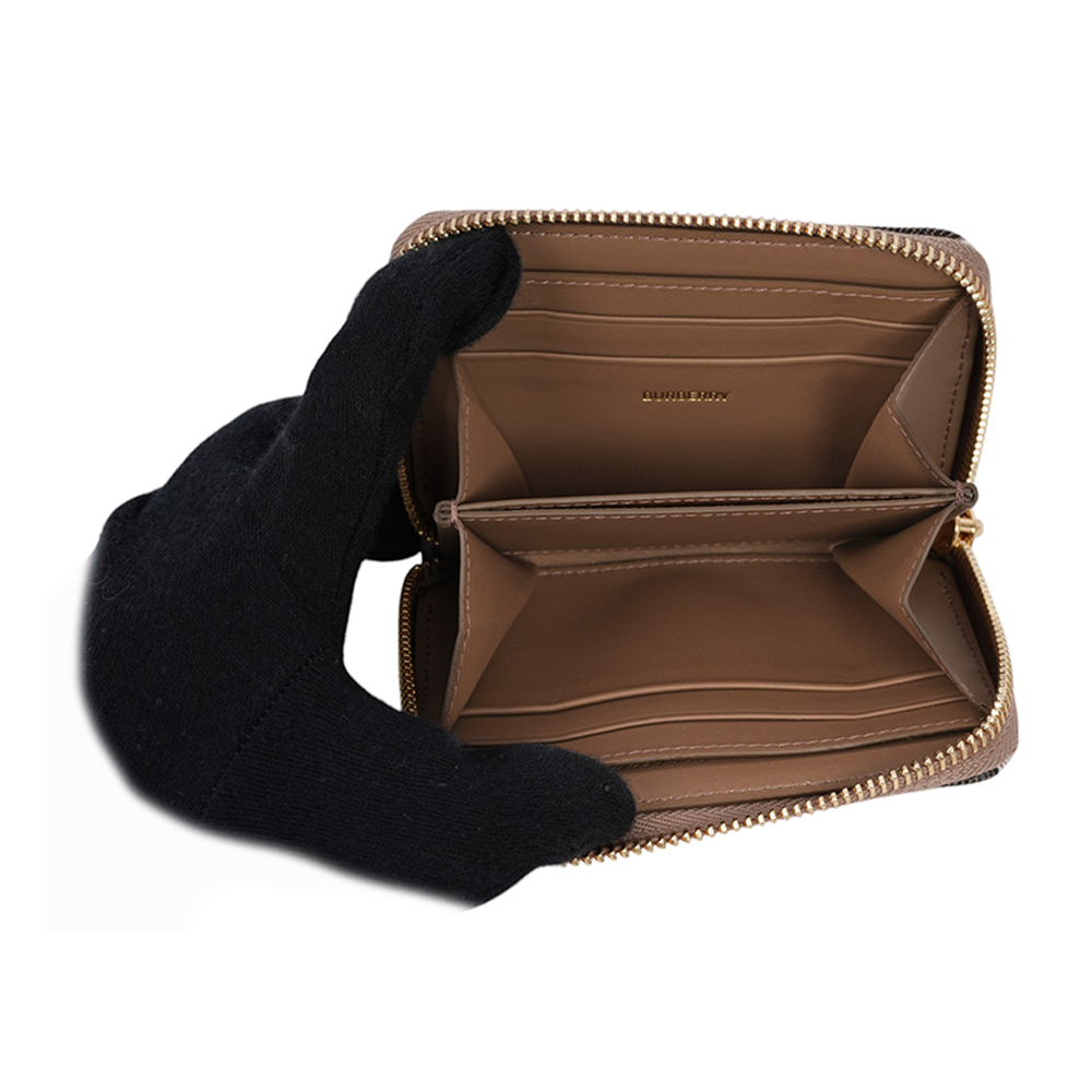 【BURBERRY】大格紋帆布及牛皮ㄇ形拉鍊零錢包/卡夾包(水貂灰) 80845261