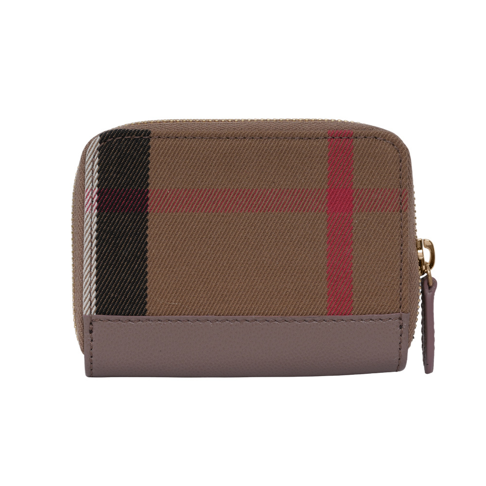 【BURBERRY】大格紋帆布及牛皮ㄇ形拉鍊零錢包/卡夾包(水貂灰) 80845261