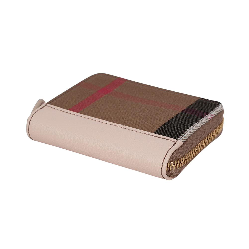 【BURBERRY】大格紋帆布及牛皮ㄇ形拉鍊零錢包/卡夾包(貝殼粉)80845271