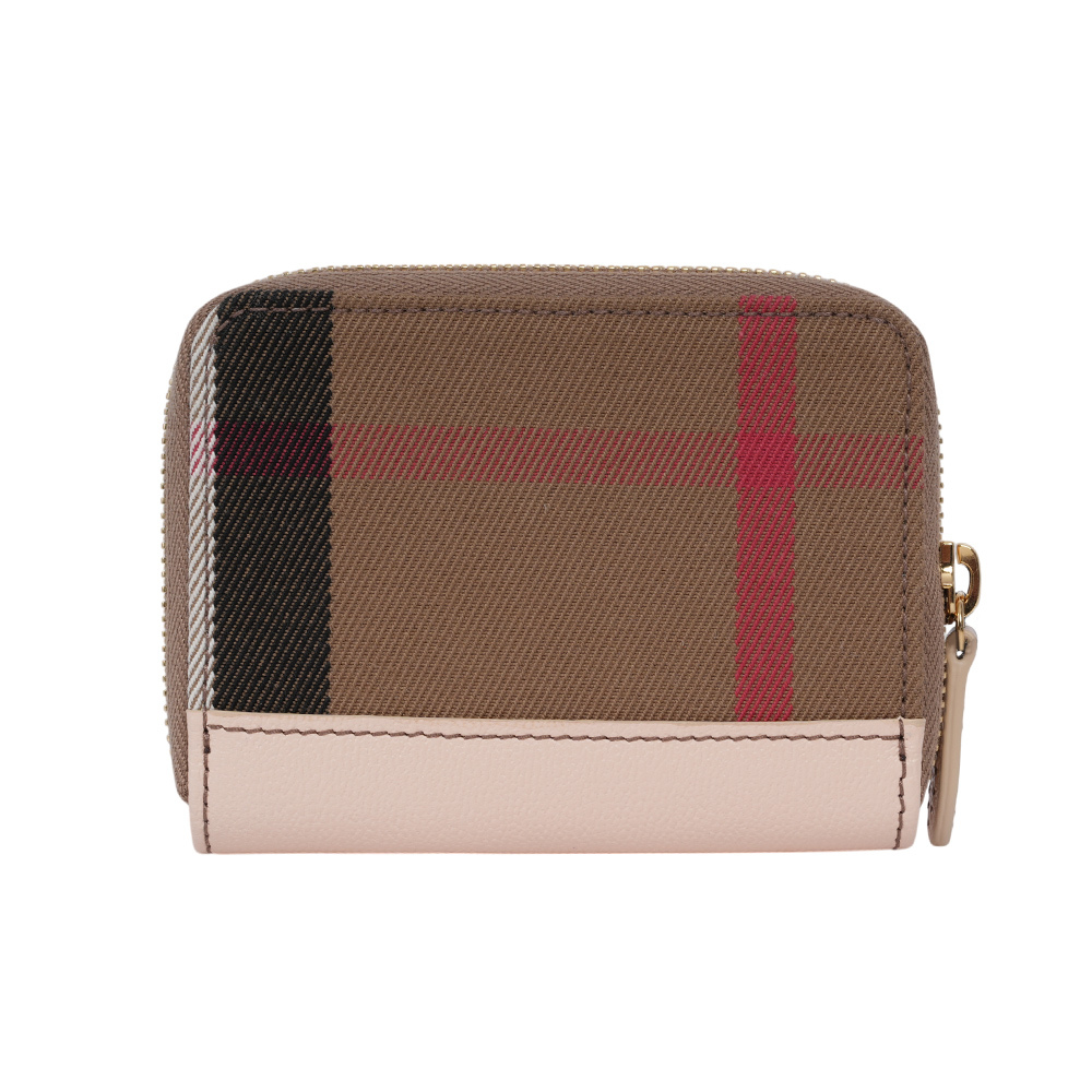 【BURBERRY】大格紋帆布及牛皮ㄇ形拉鍊零錢包/卡夾包(貝殼粉)80845271