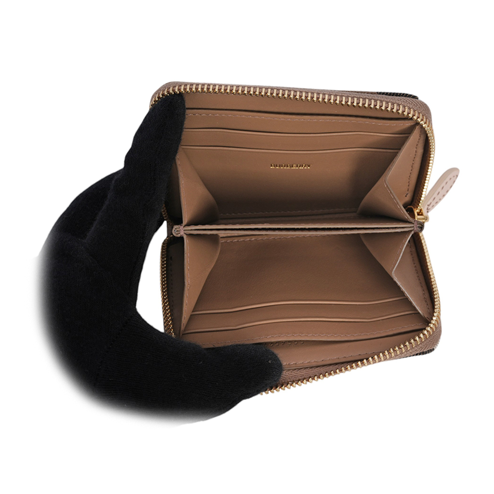 【BURBERRY】大格紋帆布及牛皮ㄇ形拉鍊零錢包/卡夾包(貝殼粉)80845271