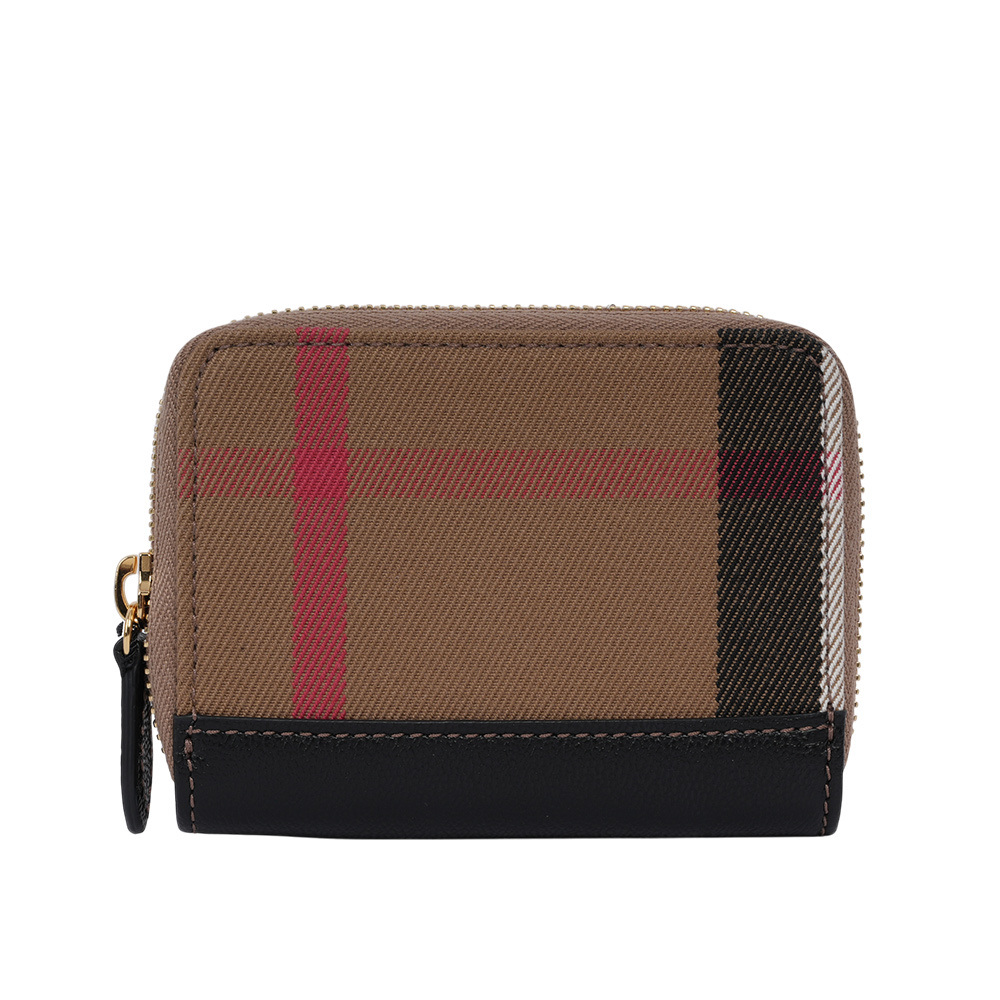 【BURBERRY】大格紋帆布及牛皮ㄇ形拉鍊零錢包/卡夾包