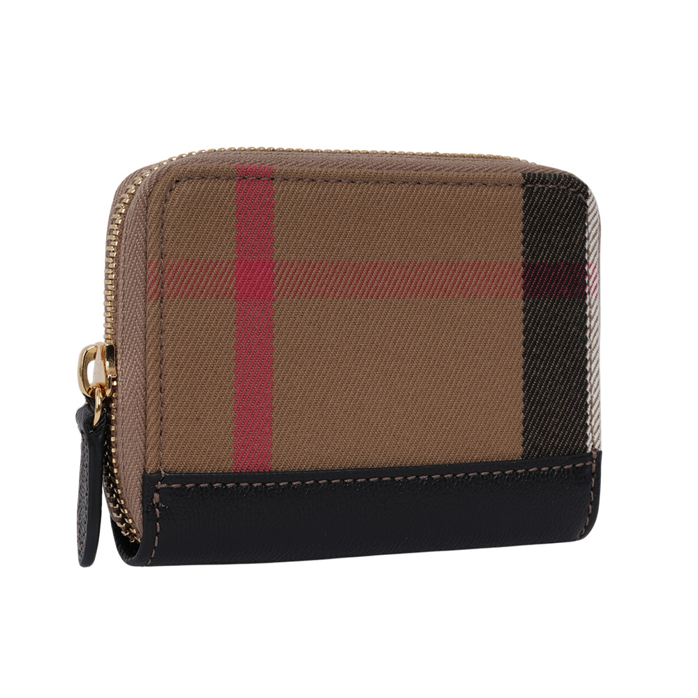 【BURBERRY】大格紋帆布及牛皮ㄇ形拉鍊零錢包/卡夾包(黑色)80840301