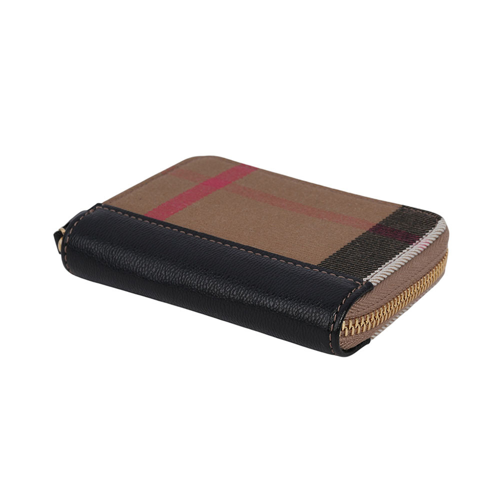 【BURBERRY】大格紋帆布及牛皮ㄇ形拉鍊零錢包/卡夾包(黑色)80840301