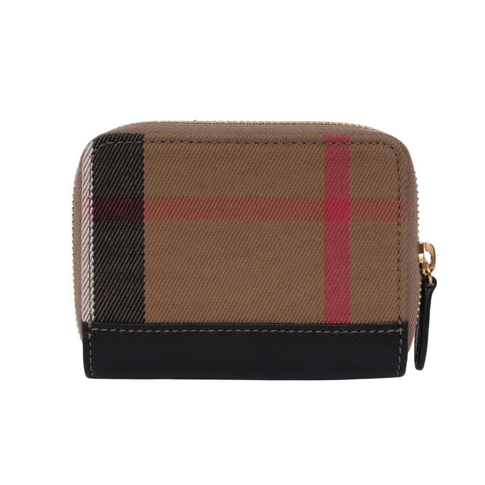 【BURBERRY】大格紋帆布及牛皮ㄇ形拉鍊零錢包/卡夾包(黑色)80840301