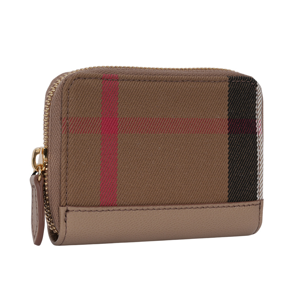 【BURBERRY】大格紋帆布及牛皮ㄇ形拉鍊零錢包/卡夾包